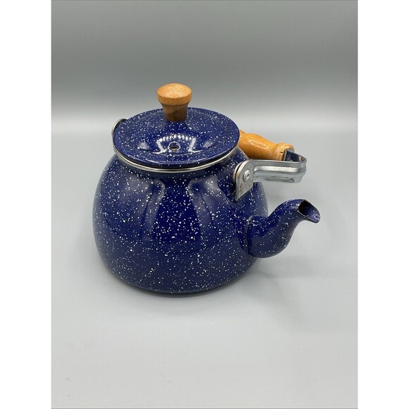 Vintage Blue White Speckled Enamelware Goose Neck Teapot Tea Kettle - Picture 12 of 13